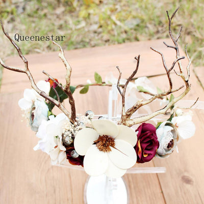 Fashion Flower Wreath Crown For Bride Deer Horn Rose Branch Hairband Women Holiday Fancy Show Party Ladies Wedding Headdress