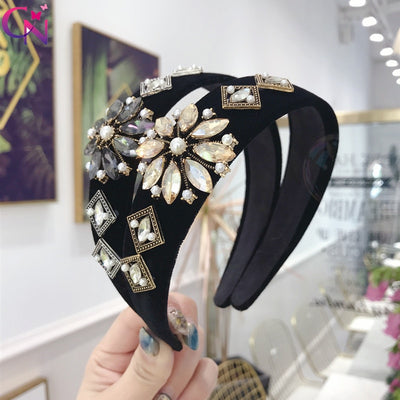 CN Baroque Crystal Flower Diamond Hairband Rhinestone Pearl Crown Hairhoop Retro Wide Headbands For Girls Women Hair Accessories