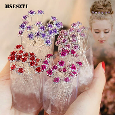 10Pcs/pack  Clear Crystal Rhinestone Rose Flower Wedding Bridal Hair Clips Jewelry Barrettes Headwear for Women Hair Accessories