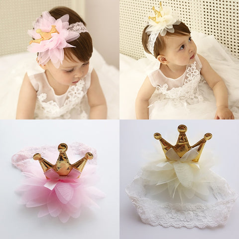 New Pink And Beige Crown Flowers Hairbands Girls Headwear Children Headbands Elastic Hair Band Kids Hair Accessories