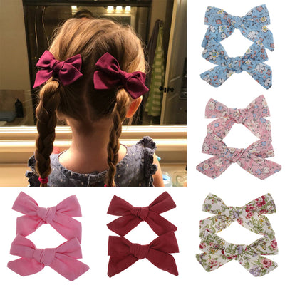 2PCS Flower Print Bows Hair Clips for Girls Solid Color Floral Cotton Hair Bows Fashion Hairpins Barrettes Kids Hair Accessories