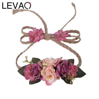 LEVAO Bride Adjustable Hemp Rope Flower Crown Headband Hairband Wedding Floral Garland Ribbon Bow Flower Wreath Hair Accessories