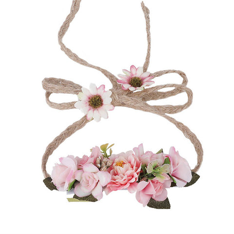 LEVAO Bride Adjustable Hemp Rope Flower Crown Headband Hairband Wedding Floral Garland Ribbon Bow Flower Wreath Hair Accessories