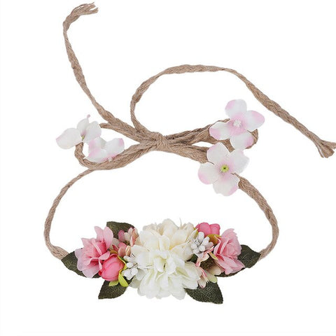 LEVAO Bride Adjustable Hemp Rope Flower Crown Headband Hairband Wedding Floral Garland Ribbon Bow Flower Wreath Hair Accessories