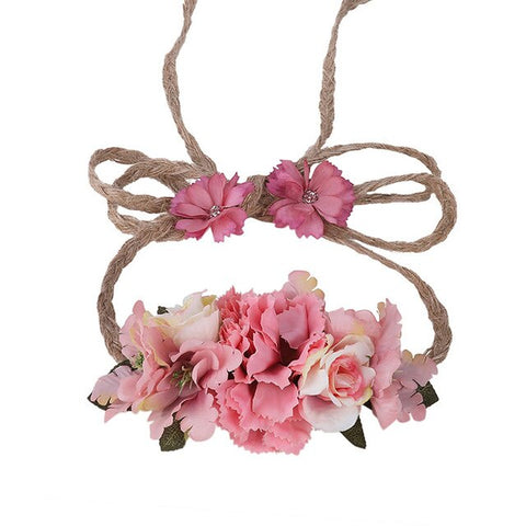 LEVAO Bride Adjustable Hemp Rope Flower Crown Headband Hairband Wedding Floral Garland Ribbon Bow Flower Wreath Hair Accessories