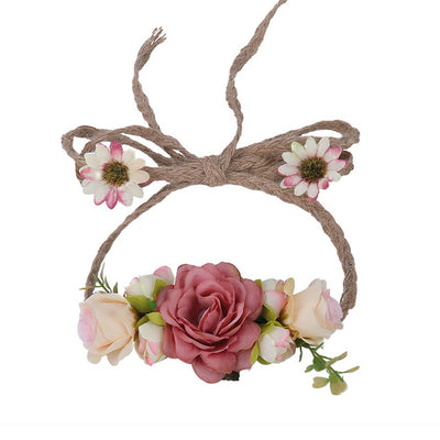 LEVAO Bride Adjustable Hemp Rope Flower Crown Headband Hairband Wedding Floral Garland Ribbon Bow Flower Wreath Hair Accessories