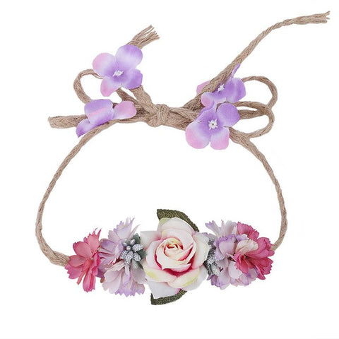 LEVAO Bride Adjustable Hemp Rope Flower Crown Headband Hairband Wedding Floral Garland Ribbon Bow Flower Wreath Hair Accessories