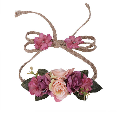 LEVAO Bride Adjustable Hemp Rope Flower Crown Headband Hairband Wedding Floral Garland Ribbon Bow Flower Wreath Hair Accessories