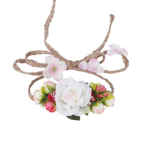 LEVAO Bride Adjustable Hemp Rope Flower Crown Headband Hairband Wedding Floral Garland Ribbon Bow Flower Wreath Hair Accessories