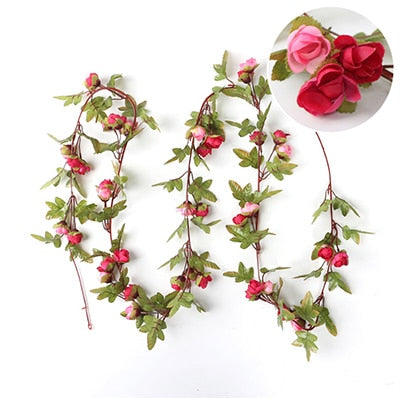 Silk Rose Artificial Flowers Vine Garland Fake Ivy Arch Hanging Decorative Wedding Home Wall Rattan Plants Leaves Decoration