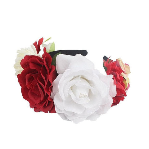 Women's Hawaiian Stretch Rose Flower Head buckle Floral Crown Christmas Tiara Day of The Dead Headband Costume Mexican Headpiece