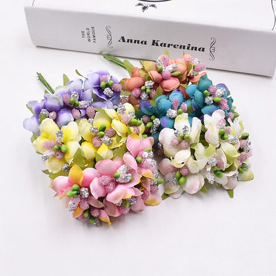 6Pcs/lot Silk Artificial Stamen Flowers Bouquet for Wedding Home Decoration DIY Craft Garland Fake Flowers Scrapbooking Supplies