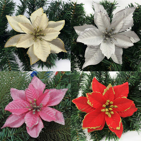 5/10Pcs Christmas Flowers Glitter Artificial Flowers For Christmas Tree Garland DIY Xmas Ornament Home New Year Party Decoration