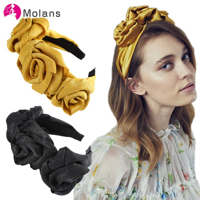 MOLANS Triple Rosette Faille Headband New Winter Rose Flower Bow-knot Wide Headband Solid Silk Flower Crown Hair Hoop for Women