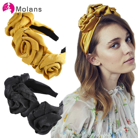 MOLANS Triple Rosette Faille Headband New Winter Rose Flower Bow-knot Wide Headband Solid Silk Flower Crown Hair Hoop for Women
