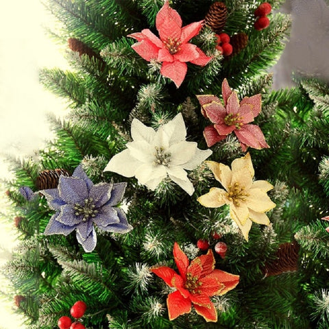 10Pcs Glitter Poinsettia Flower Christmas Decor Wreath Tree Decorations Xmas Gift Party Wedding Flower Scrapbook Garlands Rattan