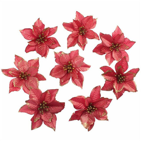 10Pcs Glitter Poinsettia Flower Christmas Decor Wreath Tree Decorations Xmas Gift Party Wedding Flower Scrapbook Garlands Rattan