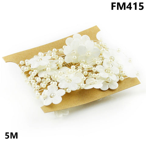 5M Beige/ White Fishing Line Artificial Pearls Beads Chain Garland Flowers DIY  For Wedding Bridal Bouquet Decoration Flower