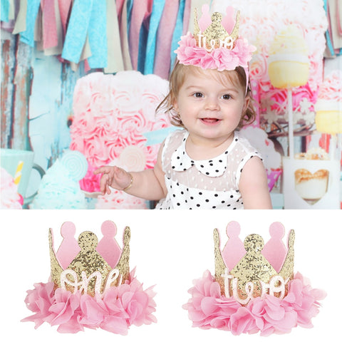 Baby Girl First Birthday Decor Flower Party Cap Crown Headband 1 2  Year Number Priness Style Birthday Hat Baby Hair Accessories