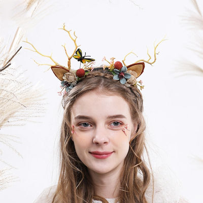 Women Girls Christmas Fairy Tale Flower Headband Retro Tree Branch Deer Ears Antler Hair Hoop Crown Festival Party Props