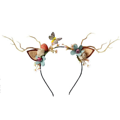 Women Girls Christmas Fairy Tale Flower Headband Retro Tree Branch Deer Ears Antler Hair Hoop Crown Festival Party Props