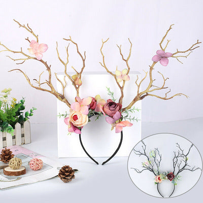 Women Girls Christmas Fairy Tale Flower Headband Retro Tree Branch Deer Ears Antler Hair Hoop Crown Festival Party Props 2020