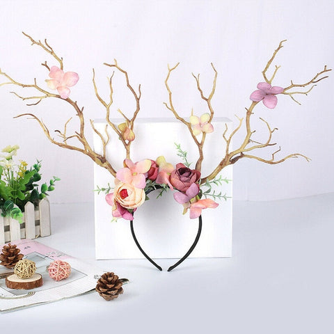 Women Girls Christmas Fairy Tale Flower Headband Retro Tree Branch Deer Ears Antler Hair Hoop Crown Festival Party Props 2020