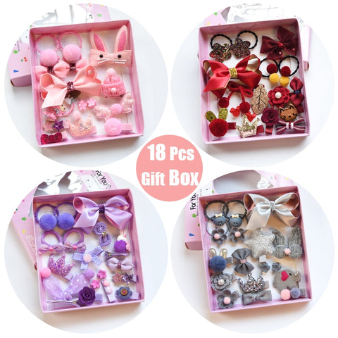 Raindo 18 Pcs/Box Children Cute Hair Accessories Set Baby Fabric Bow Flower Hairpins Barrettes Hair clips Girls Headdress Gift