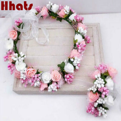 Handmade festival hair ribbon flower hair accessories artificial floral women girl wedding headband crown garland handwrist sets