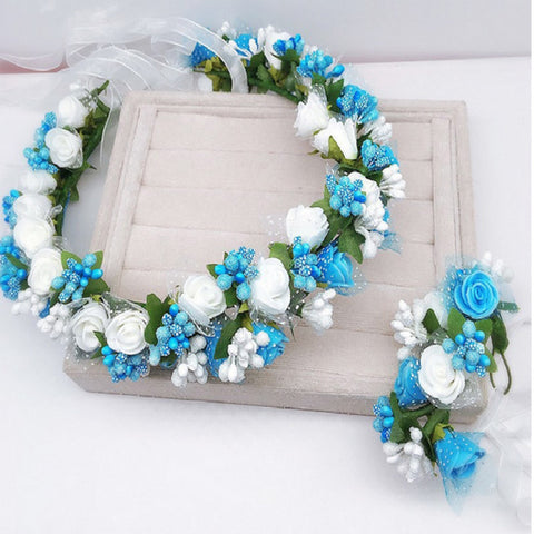 Handmade festival hair ribbon flower hair accessories artificial floral women girl wedding headband crown garland handwrist sets