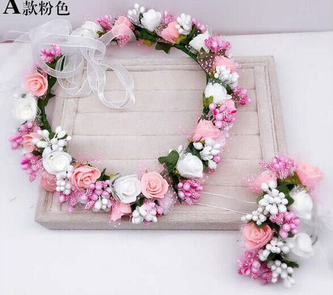 Handmade festival hair ribbon flower hair accessories artificial floral women girl wedding headband crown garland handwrist sets