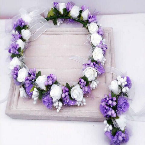 Handmade festival hair ribbon flower hair accessories artificial floral women girl wedding headband crown garland handwrist sets