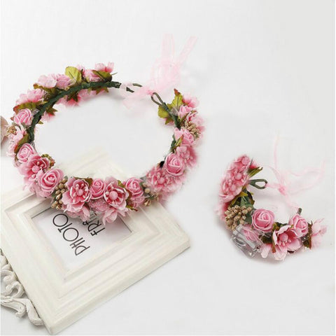 Handmade festival hair ribbon flower hair accessories artificial floral women girl wedding headband crown garland handwrist sets