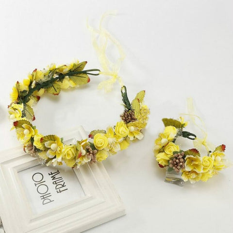 Handmade festival hair ribbon flower hair accessories artificial floral women girl wedding headband crown garland handwrist sets