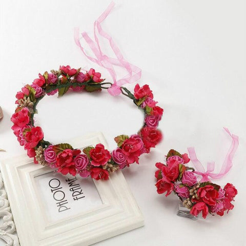 Handmade festival hair ribbon flower hair accessories artificial floral women girl wedding headband crown garland handwrist sets