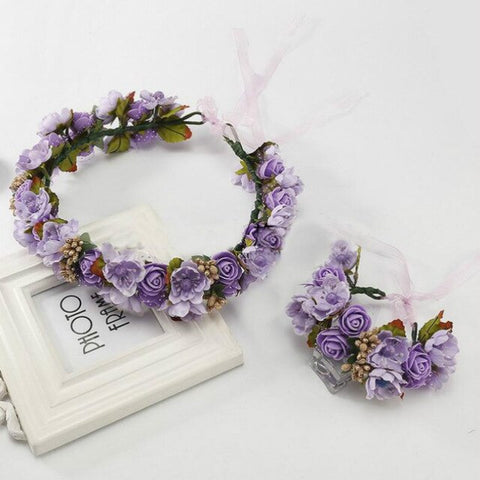 Handmade festival hair ribbon flower hair accessories artificial floral women girl wedding headband crown garland handwrist sets