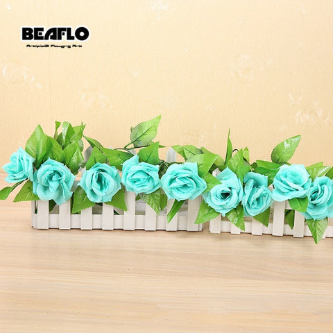 2.4m Silk Artificial Roses Flowers Rattan String Vine with Green Leaves For Home Wedding Garden Decoration Hanging Garland Wall