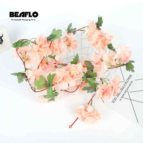 2.4m Silk Artificial Roses Flowers Rattan String Vine with Green Leaves For Home Wedding Garden Decoration Hanging Garland Wall