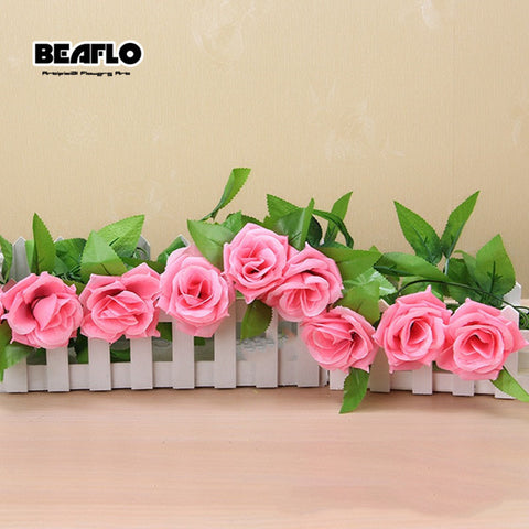 2.4m Silk Artificial Roses Flowers Rattan String Vine with Green Leaves For Home Wedding Garden Decoration Hanging Garland Wall