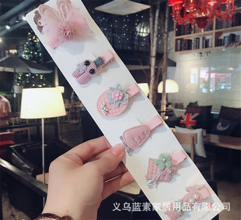 6pcs/set New Winter Fabric Children Hair Clips Cute Cartoon Hairpins Girls Bunny Star Flower Shape Headwear Hair Accessories