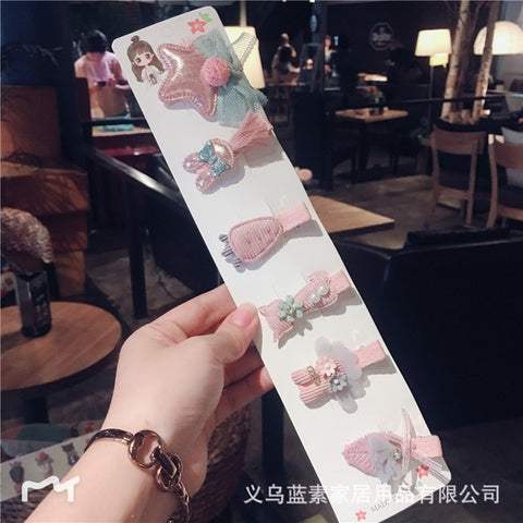 6pcs/set New Winter Fabric Children Hair Clips Cute Cartoon Hairpins Girls Bunny Star Flower Shape Headwear Hair Accessories