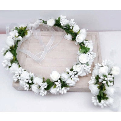 Handmade festival hair ribbon flower hair accessories artificial floral women girl wedding headband crown garland handwrist sets