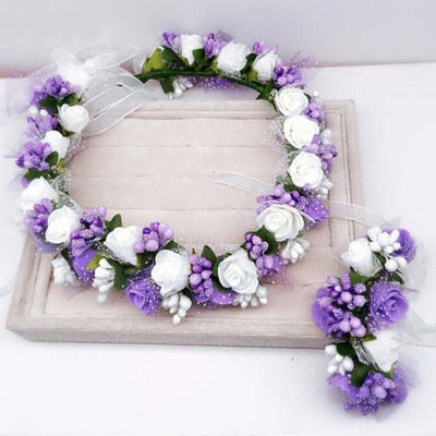 Handmade festival hair ribbon flower hair accessories artificial floral women girl wedding headband crown garland handwrist sets