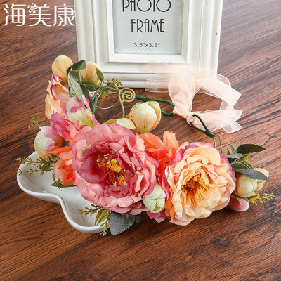 Haimeikang Rose Peony Flower Crown Girl Bridal Floral Headband Wreath Wedding HairBands Hair Accessories Women Bridesmaid Diadem