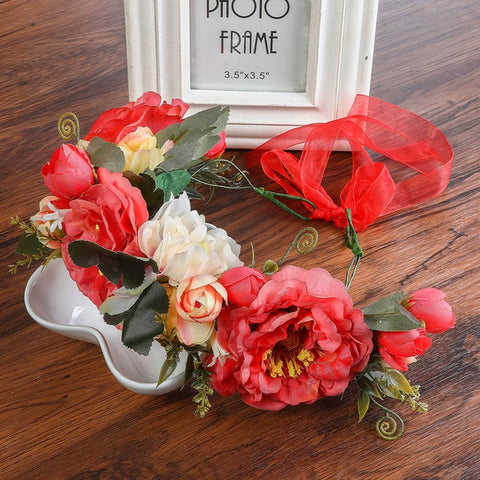 Haimeikang Rose Peony Flower Crown Girl Bridal Floral Headband Wreath Wedding HairBands Hair Accessories Women Bridesmaid Diadem