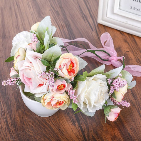 Haimeikang Rose Peony Flower Crown Girl Bridal Floral Headband Wreath Wedding HairBands Hair Accessories Women Bridesmaid Diadem