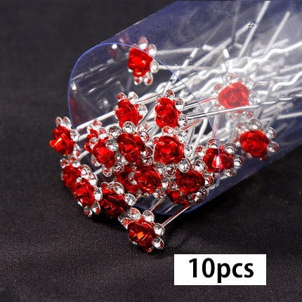 10Pcs/pack  Clear Crystal Rhinestone Rose Flower Wedding Bridal Hair Clips Jewelry Barrettes Headwear for Women Hair Accessories