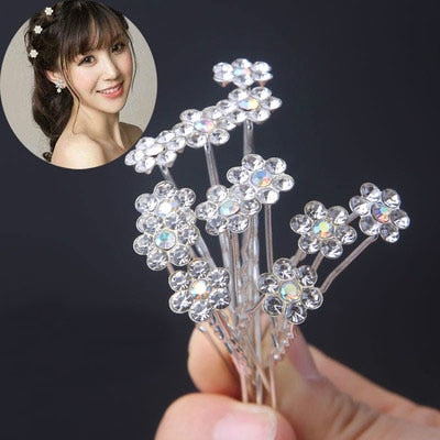 10Pcs/pack  Clear Crystal Rhinestone Rose Flower Wedding Bridal Hair Clips Jewelry Barrettes Headwear for Women Hair Accessories