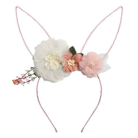 Rabbit Ears Organza Flower Headband for Girls Easter Bunny Hairband Kids Hair Hoop Floral Crown Summer Girls Hair Accessories