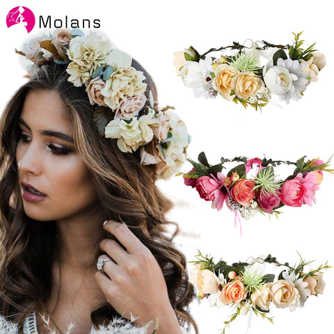 Molans 2020 Spring Bohemian Flower Crowns Beach Hawaii Floral Garland Romantic Faux Rose Wedding Wreaths New Flower Headband